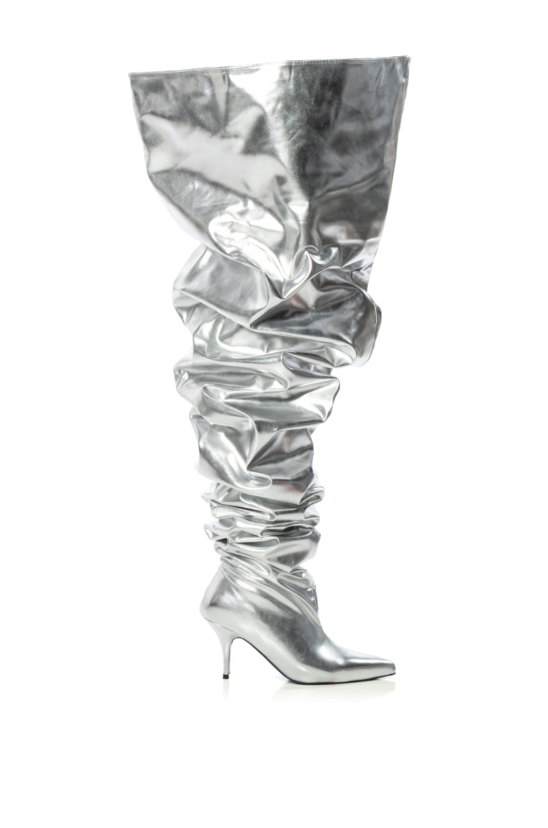Detail View Azalea Wang Nemy Silver Kitten Heel Thigh High Boot