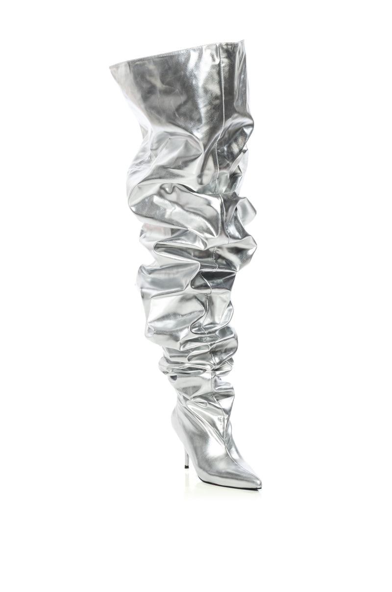 Full View Azalea Wang Nemy Silver Kitten Heel Thigh High Boot
