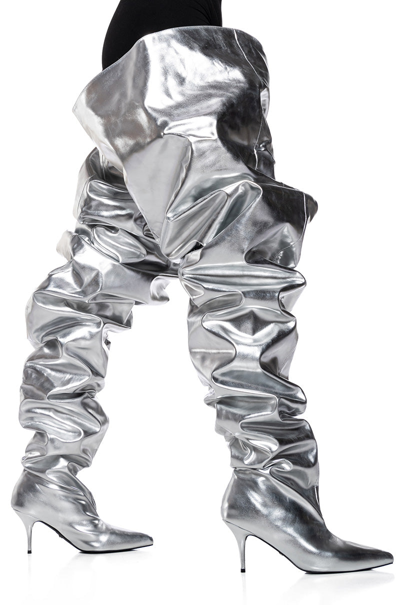 Full View Azalea Wang Nemy Silver Kitten Heel Thigh High Boot