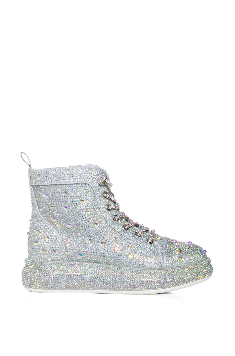 Side View Azalea Wang Otis Rhinestone High Top Sneaker In Silver