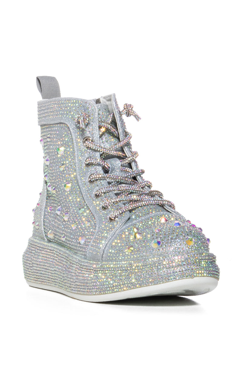 Back View Azalea Wang Otis Rhinestone High Top Sneaker In Silver
