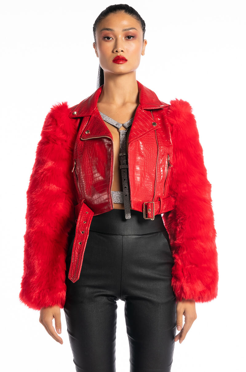 Extra View Azalea Wang Red Nolla Faux Fur Arms Croc Moto Jacket