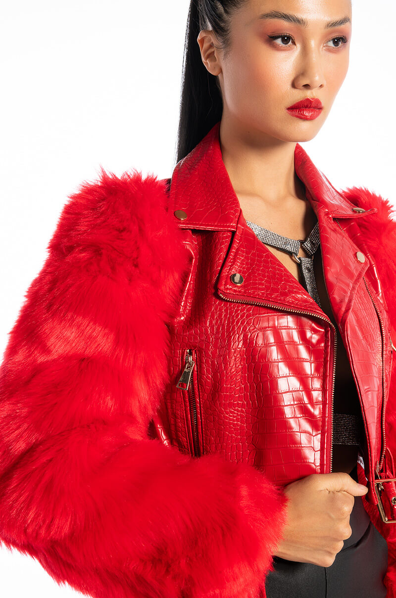Extra View Azalea Wang Red Nolla Faux Fur Arms Croc Moto Jacket