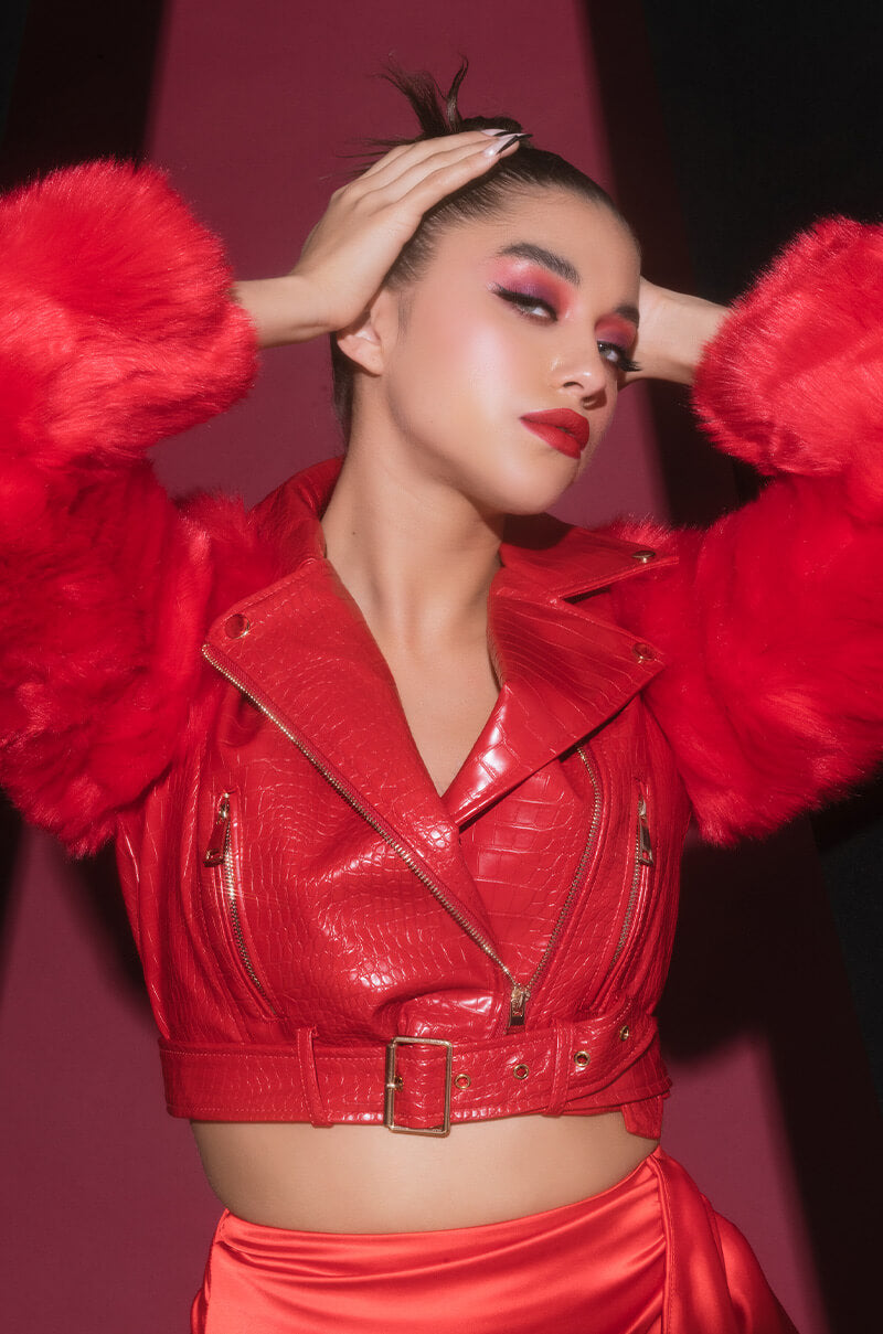 Front View Azalea Wang Red Nolla Faux Fur Arms Croc Moto Jacket