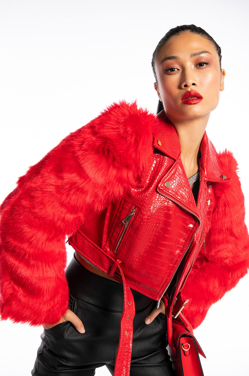 Side View Azalea Wang Red Nolla Faux Fur Arms Croc Moto Jacket