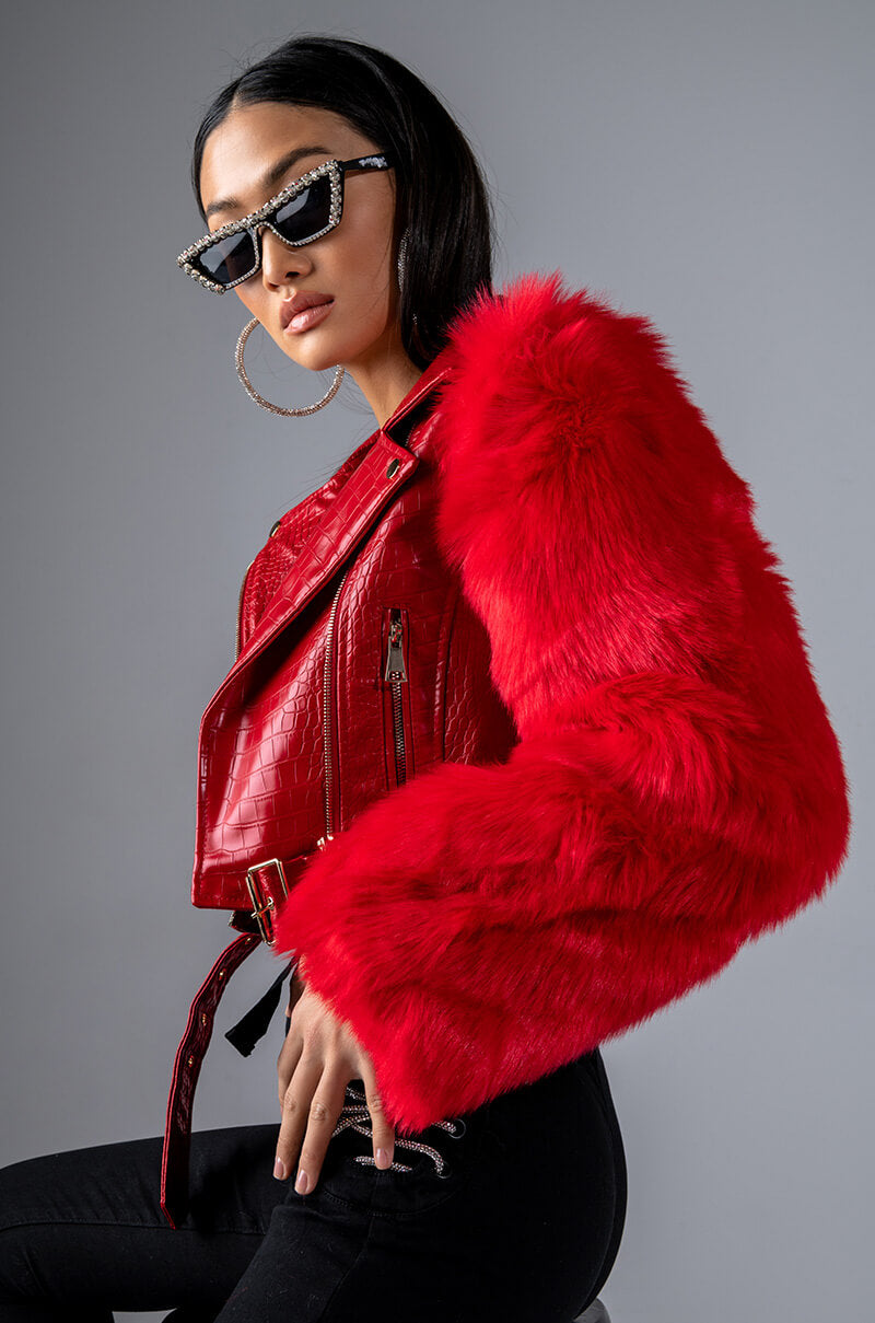 Back View Azalea Wang Red Nolla Faux Fur Arms Croc Moto Jacket