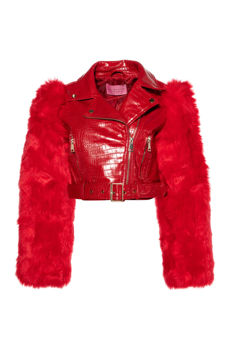 Back View Azalea Wang Red Nolla Faux Fur Arms Croc Moto Jacket