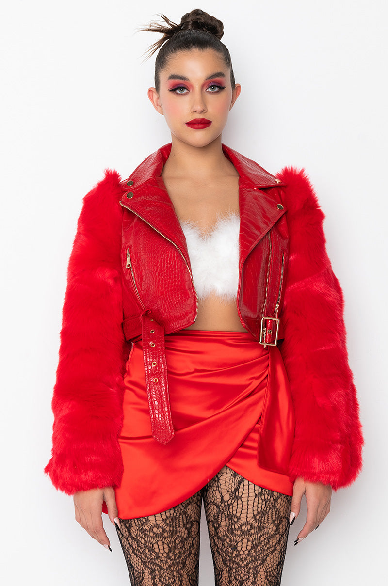 Detail View Azalea Wang Red Nolla Faux Fur Arms Croc Moto Jacket