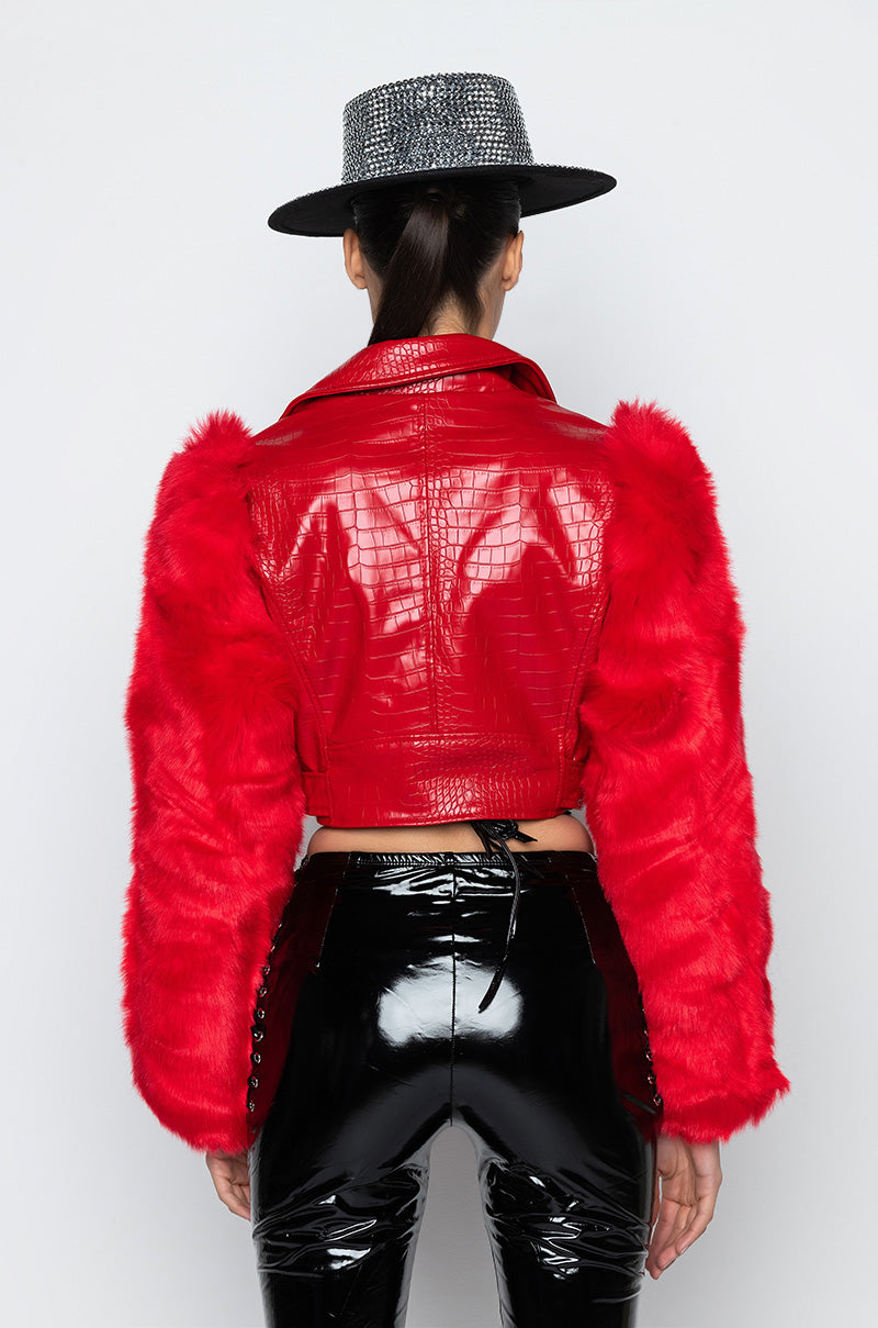 Full View Azalea Wang Red Nolla Faux Fur Arms Croc Moto Jacket