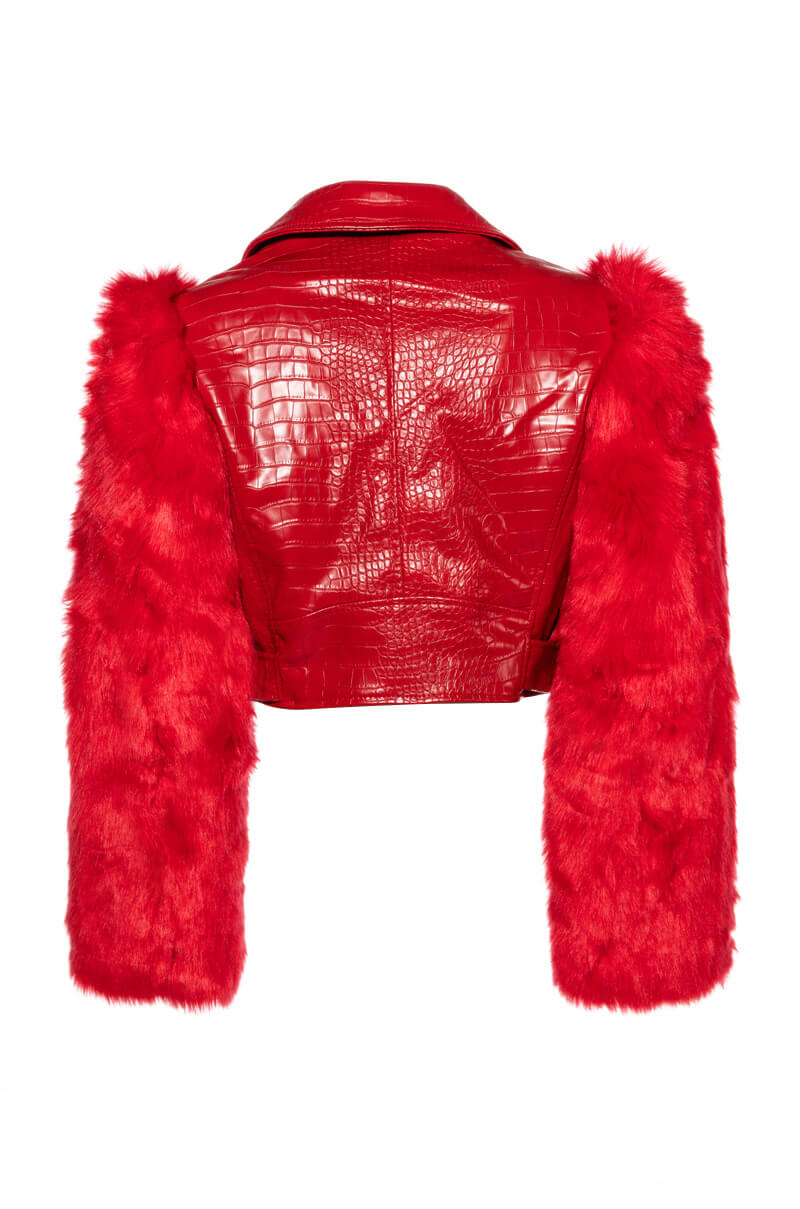 Full View Azalea Wang Red Nolla Faux Fur Arms Croc Moto Jacket