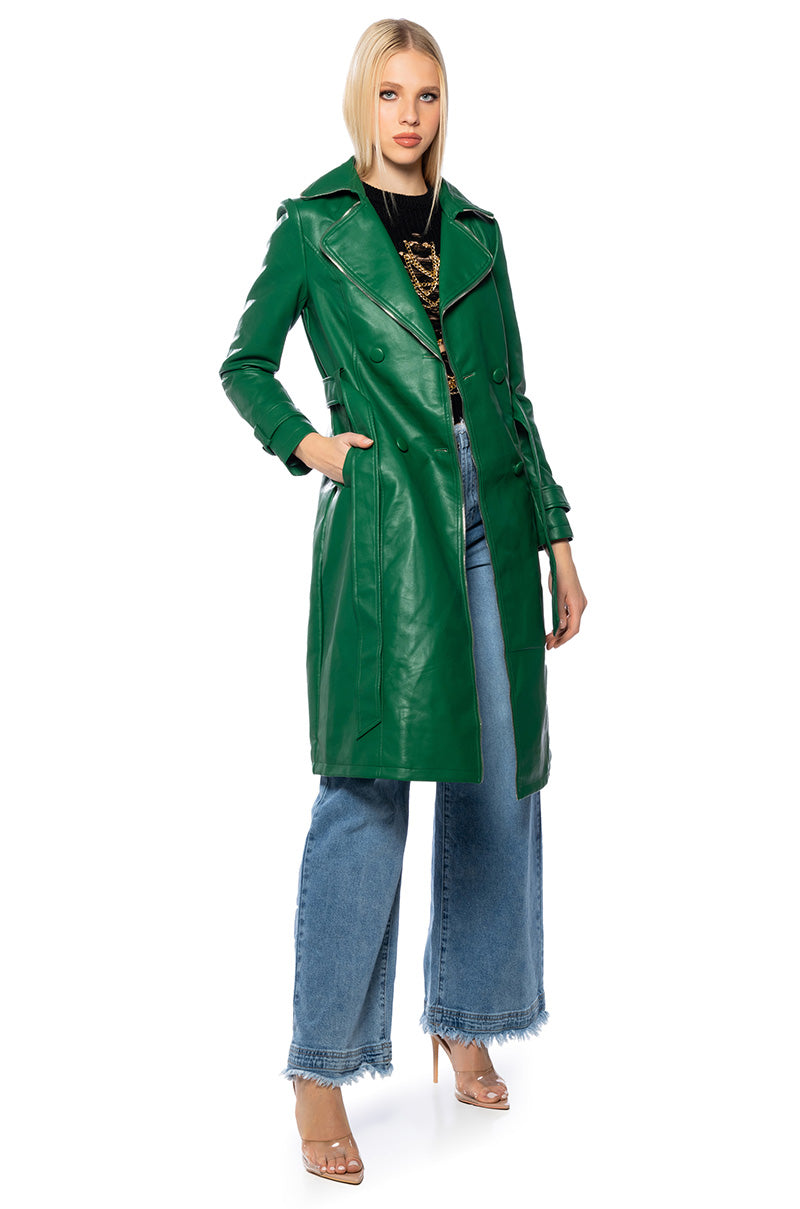 SANDO GREEN PLEATHER TRENCH COAT WITH ZIPPER TRIM – AKIRA