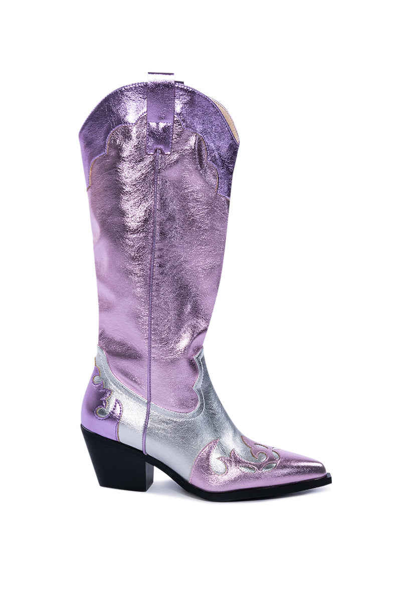 Side View Azalea Wang Spice It Up Chunky Western Boot In Pink Multi