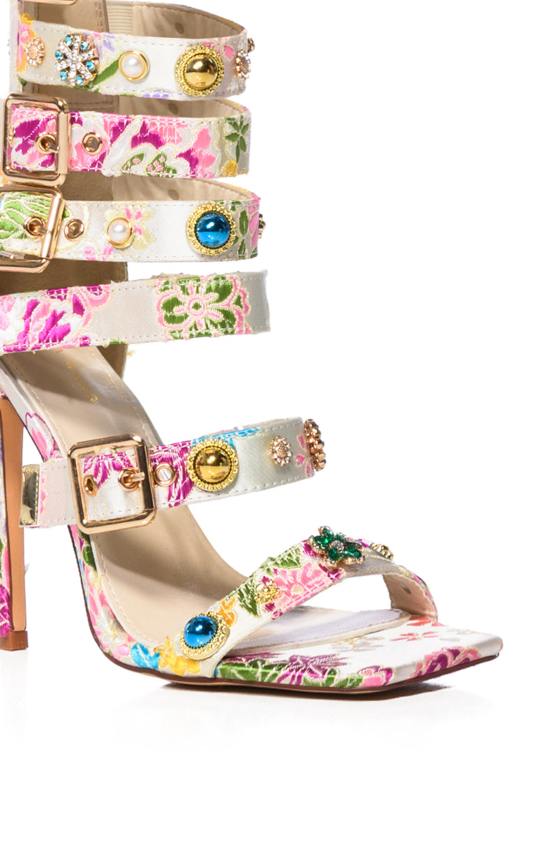 Full View Azalea Wang Your Honor Brocade Embellished Gladiator Sandal In Bone