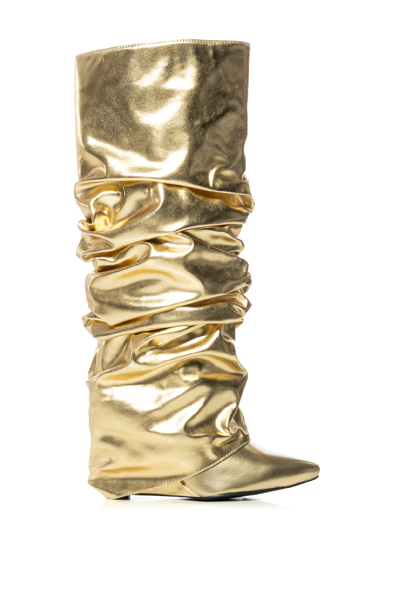 Side View Azalea Wang Zumma Gold Ruched Wedge Boot