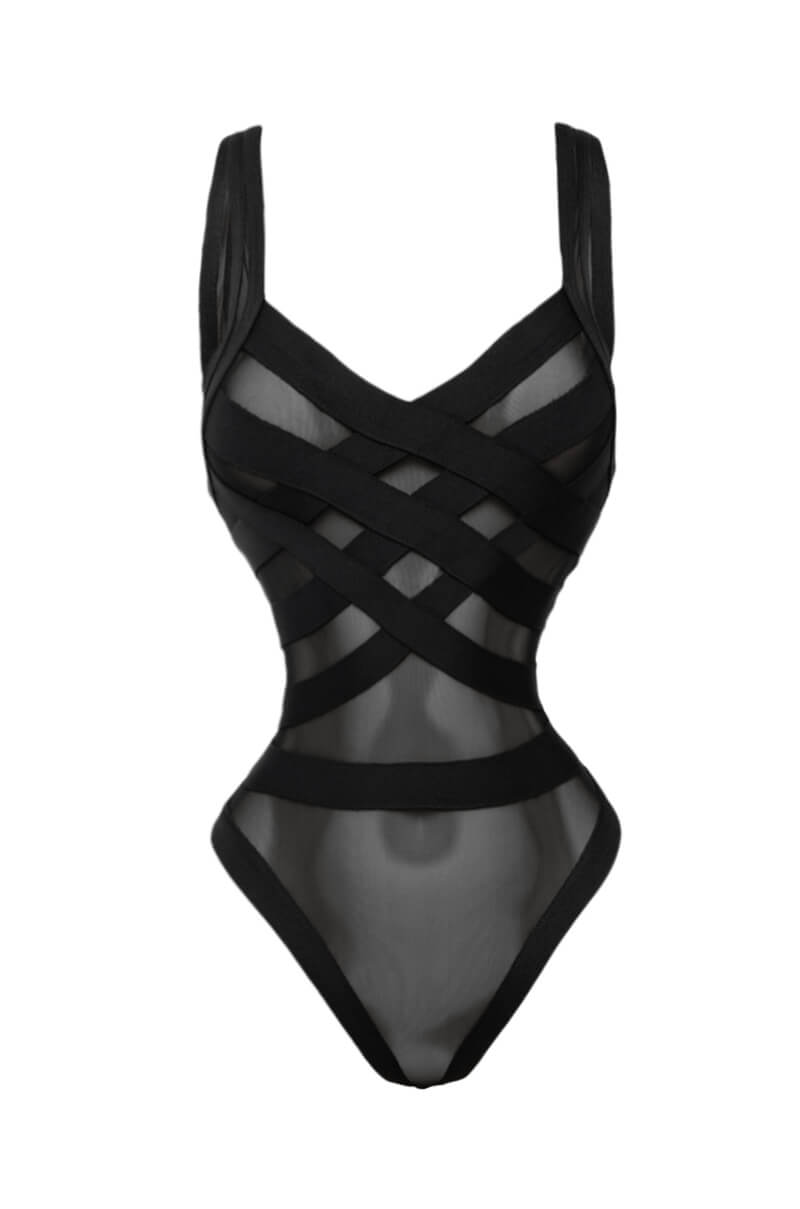 BANDAGE SLEEVELESS BODYSUIT BLACK