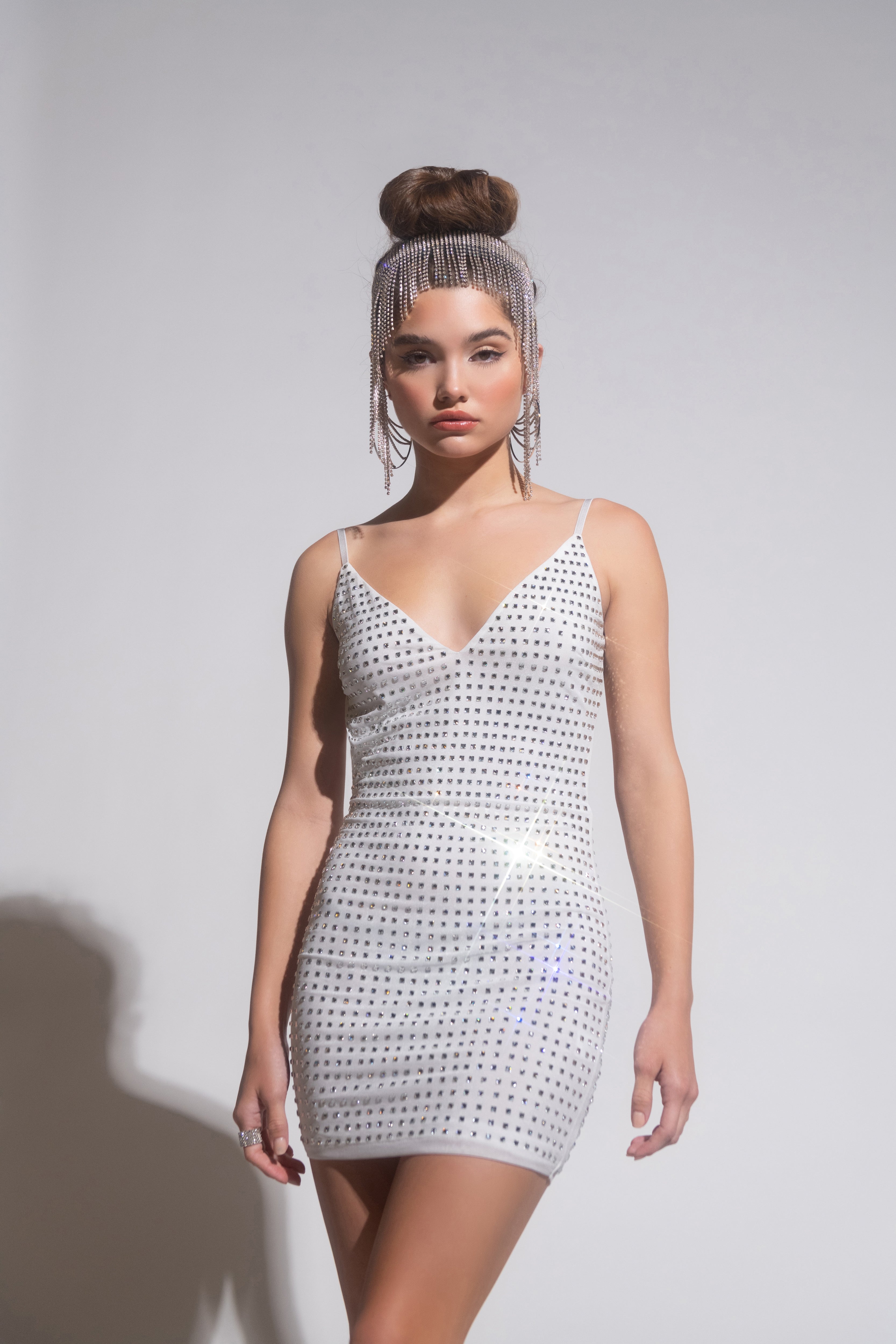 PRETTY AND CLASSY MINI DRESS WITH RHINESTONE BODY WHITE AKIRA PRETTY AND CLASSY MINI DRESS WITH RHINESTONE BODY WHITE AKIRA