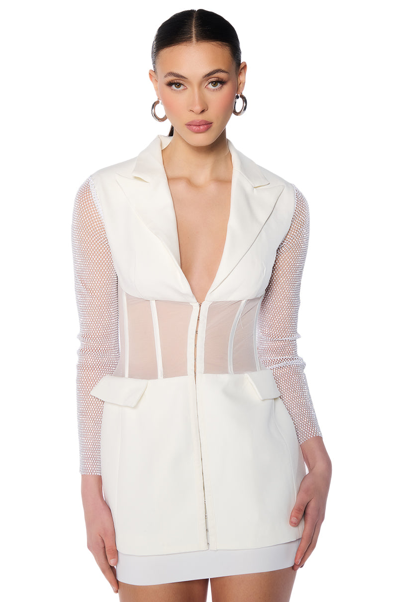 BEIBS IN THE TRAP CORSET BLAZER DRESS WITH RHINESTONE SLEEVES – AKIRA BEIBS IN THE TRAP CORSET BLAZER DRESS WITH RHINESTONE SLEEVES – AKIRA