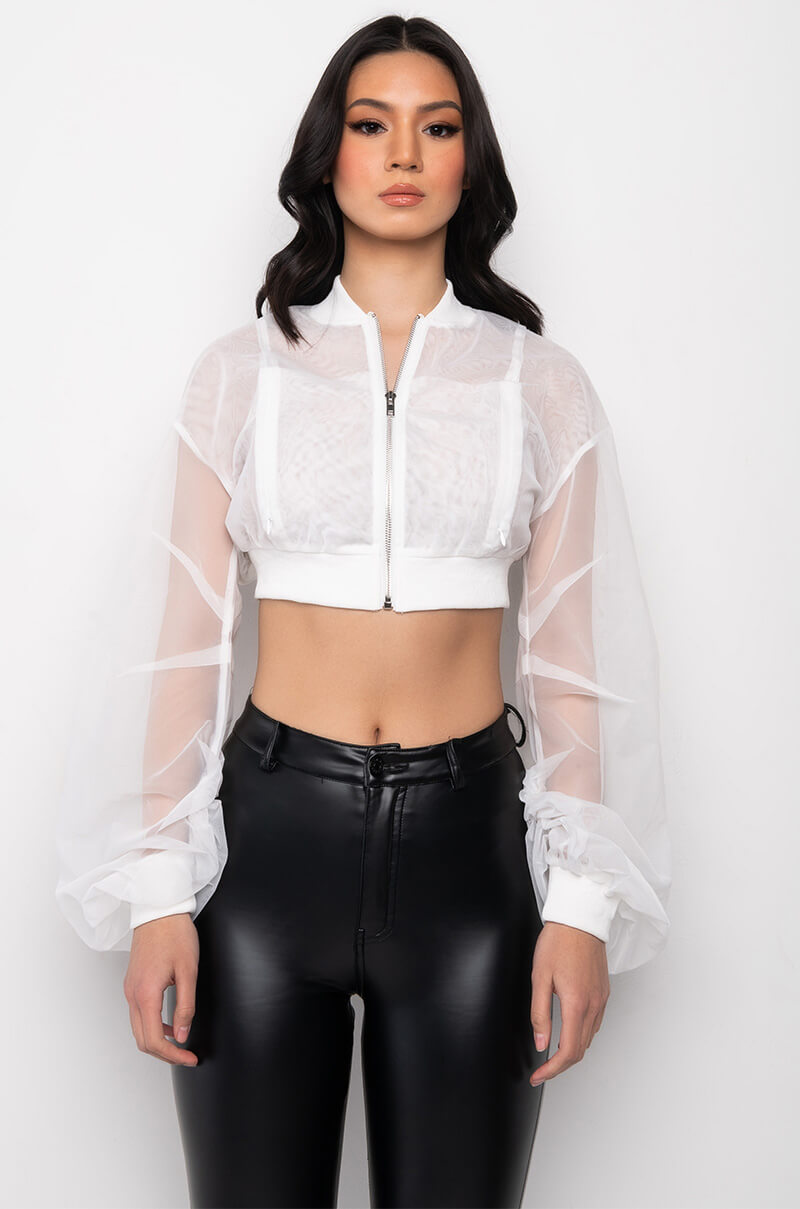 Back View Bella Luna Sheer Stacked Arm Bomber