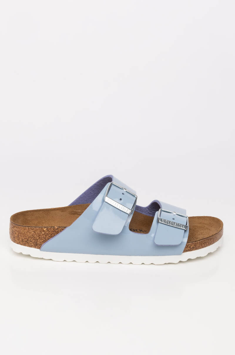 Back View Birkenstock Arizona Dove Blue Patent Birko-flor Sandal in Blue