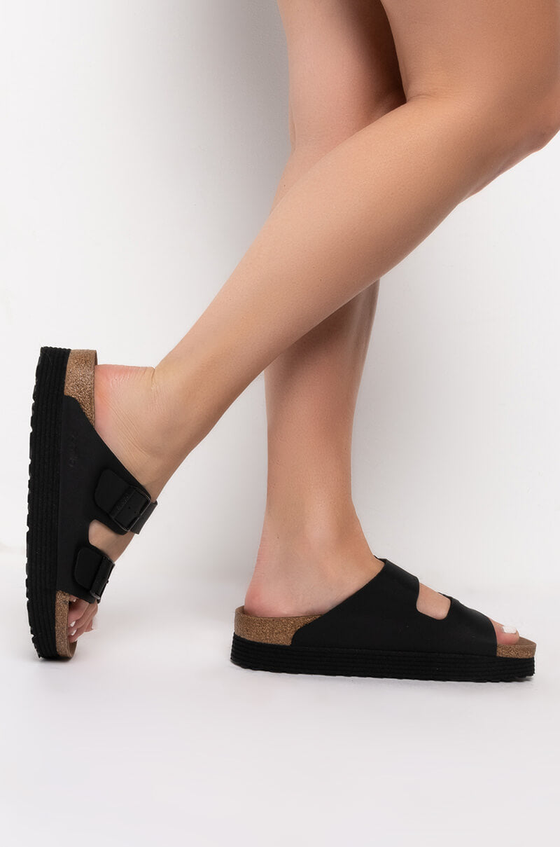 Side View Birkenstock Arizona Platform Vegan Birko-flor Black Sandal