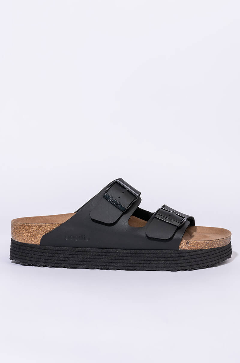 Back View Birkenstock Arizona Platform Vegan Birko-flor Black Sandal