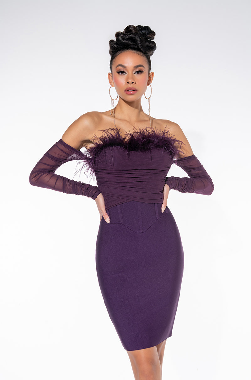 BLAIR OFF THE SHOULDER BANDAGE DRESS WITH FEATHERS – AKIRA BLAIR OFF THE SHOULDER BANDAGE DRESS WITH FEATHERS – AKIRA