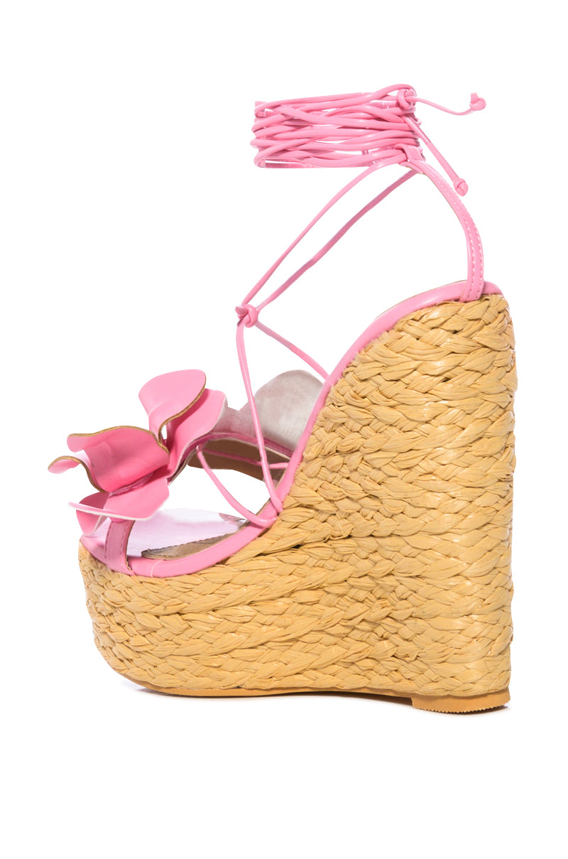 Full View Bloomy Flower Lace Up Wedge Sandal In Pink