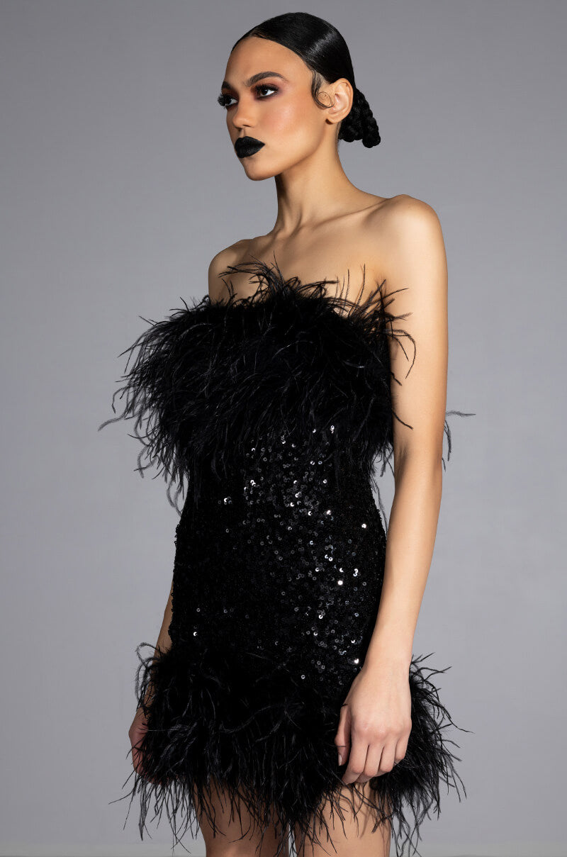 BON ANNIVERSAIRE FEATHER TRIM SEQUIN MINI DRESS AKIRA BON ANNIVERSAIRE FEATHER TRIM SEQUIN MINI DRESS AKIRA