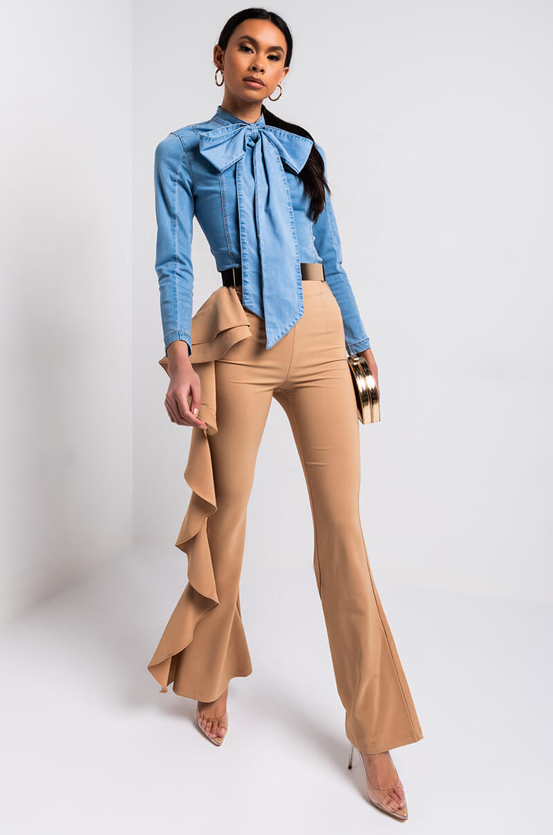 Bow Down Bish Denim Long Sleeve Top in Blue