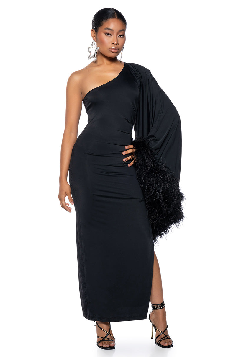 BRING THE DRAMA ONE SLEEVE FEATHER DRESS AKIRA BRING THE DRAMA ONE SLEEVE FEATHER DRESS AKIRA