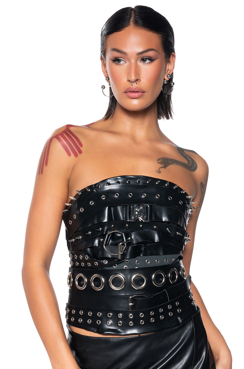 BUCKLED UP FAUX LEATHER STUDDED CORSET – AKIRA - Main Image