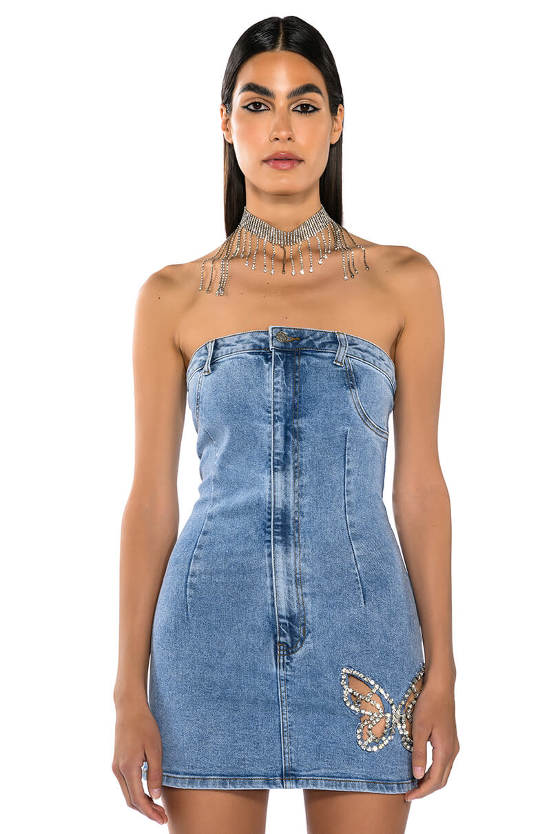 BUTTERFLY KISS EMBELLISHED DENIM MINI TUBE DRESS AKIRA BUTTERFLY KISS EMBELLISHED DENIM MINI TUBE DRESS AKIRA