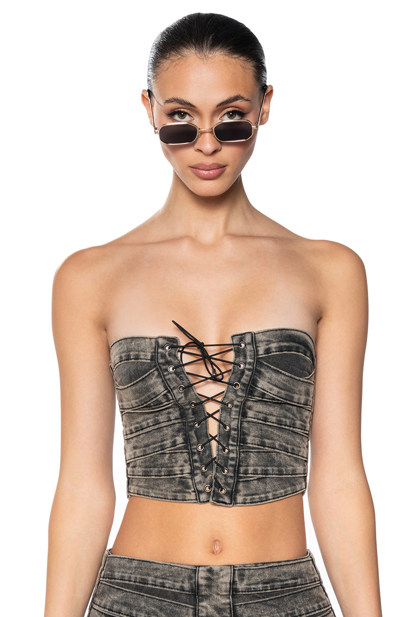 CAMMIE MINERAL WASH DENIM LACE UP CORSET - Main Image