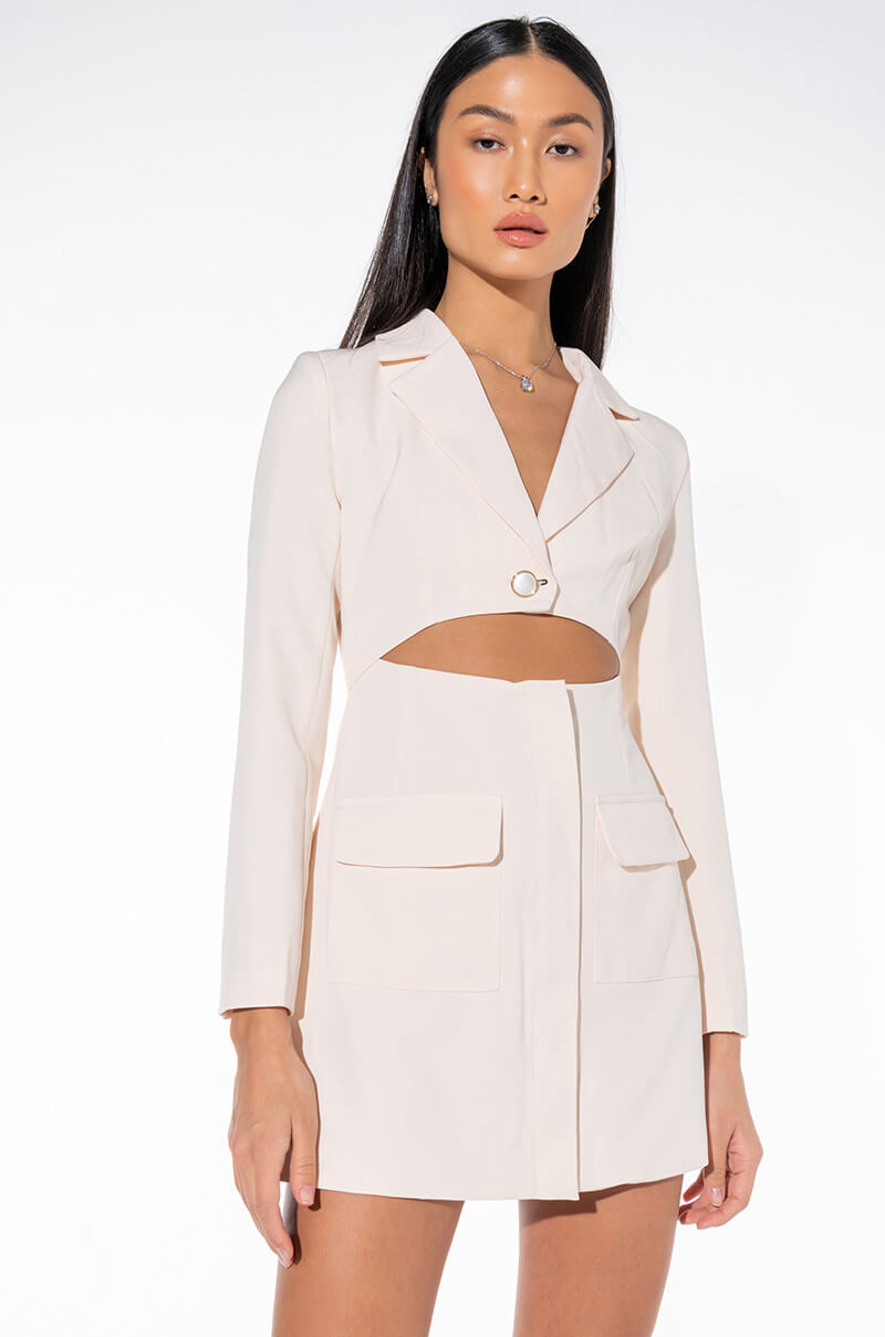 CAN'T BE WITHOUT ME MINI BLAZER DRESS WITH CUT OUT WHITE AKIRA CAN'T BE WITHOUT ME MINI BLAZER DRESS WITH CUT OUT WHITE AKIRA