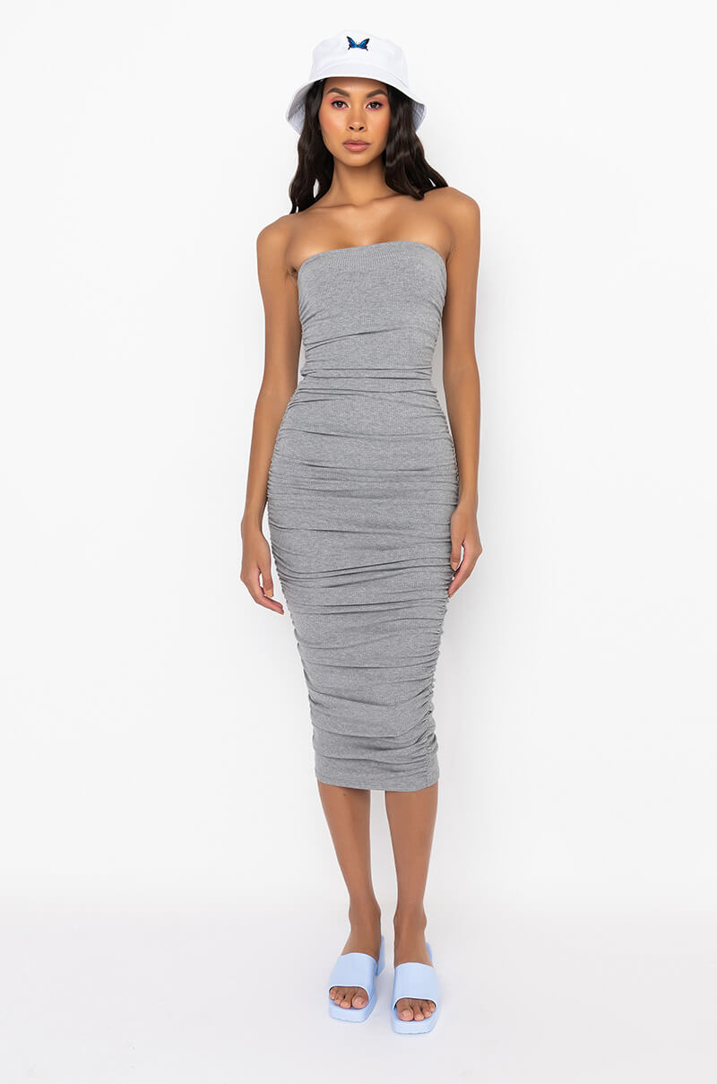CAN'T GET ENOUGH EXTRA RUCHED MIDI DRESS HEATHER GREY AKIRA CAN'T GET ENOUGH EXTRA RUCHED MIDI DRESS HEATHER GREY AKIRA