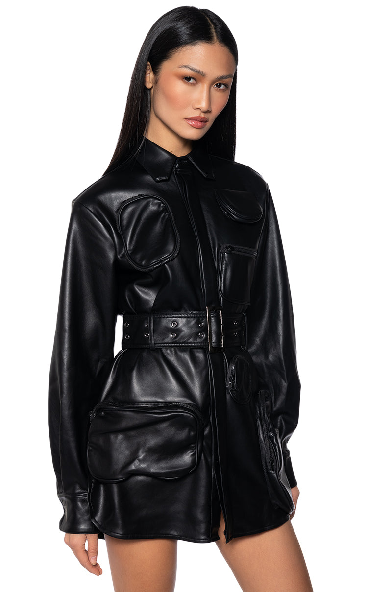 CASPIAN FAUX LEATHER BELTED UTILITY MINI DRESS AKIRA CASPIAN FAUX LEATHER BELTED UTILITY MINI DRESS AKIRA