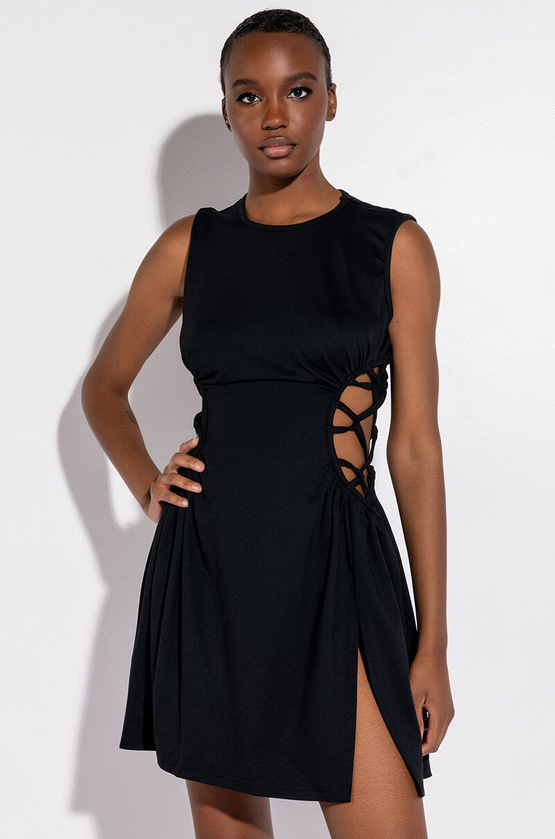 CAUGHT UP IN THE TWIST MINI DRESS WITH SLIT BLACK AKIRA CAUGHT UP IN THE TWIST MINI DRESS WITH SLIT BLACK AKIRA