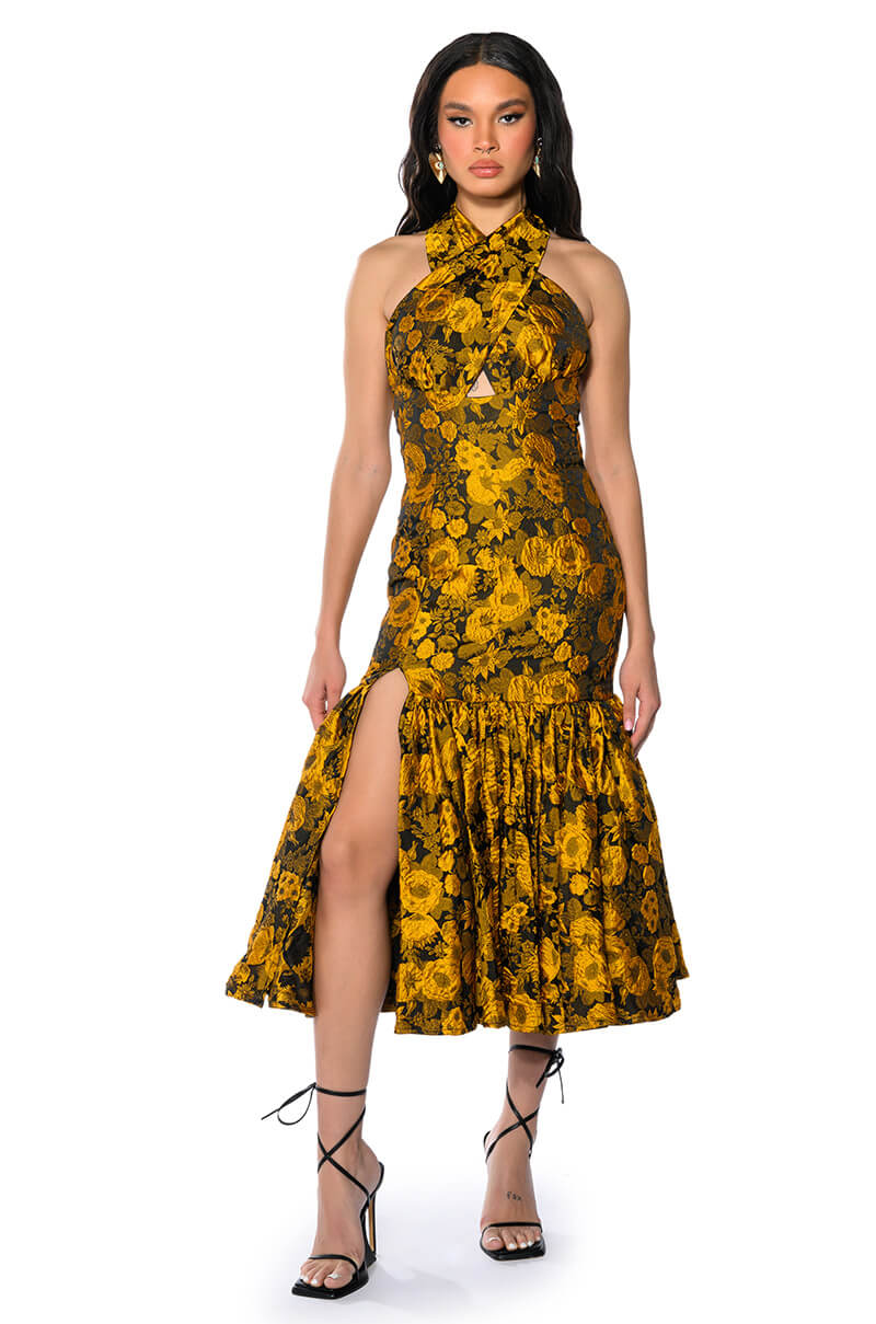 CHA CHA BROCADE HALTER NECK MIDI DRESS AKIRA CHA CHA BROCADE HALTER NECK MIDI DRESS AKIRA