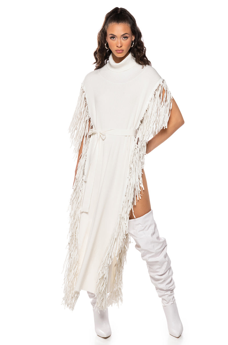 CHEYENNE FAUX LEATHER FRINGE BELTED SWEATER IN IVORY AKIRA CHEYENNE FAUX LEATHER FRINGE BELTED SWEATER IN IVORY AKIRA