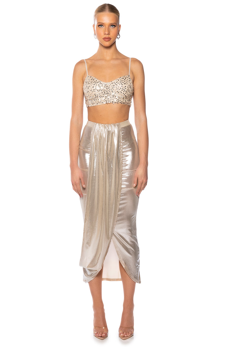 Extra View Chiara Metallic Draped Midi Skirt