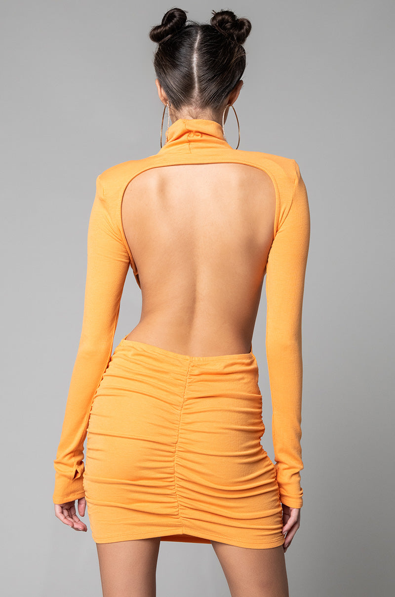 Back View  Come To Life Long Sleeve Turtleneck Mini Dress in Orange