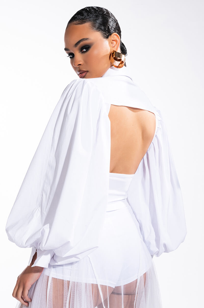 Side View Cottage Chic Blouson Sleeve Button Down Blouse