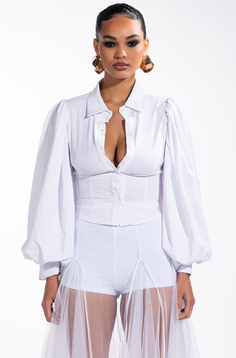 Full View Cottage Chic Blouson Sleeve Button Down Blouse