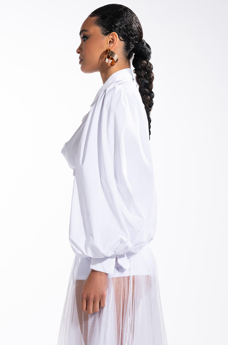 Extra View Cottage Chic Blouson Sleeve Button Down Blouse