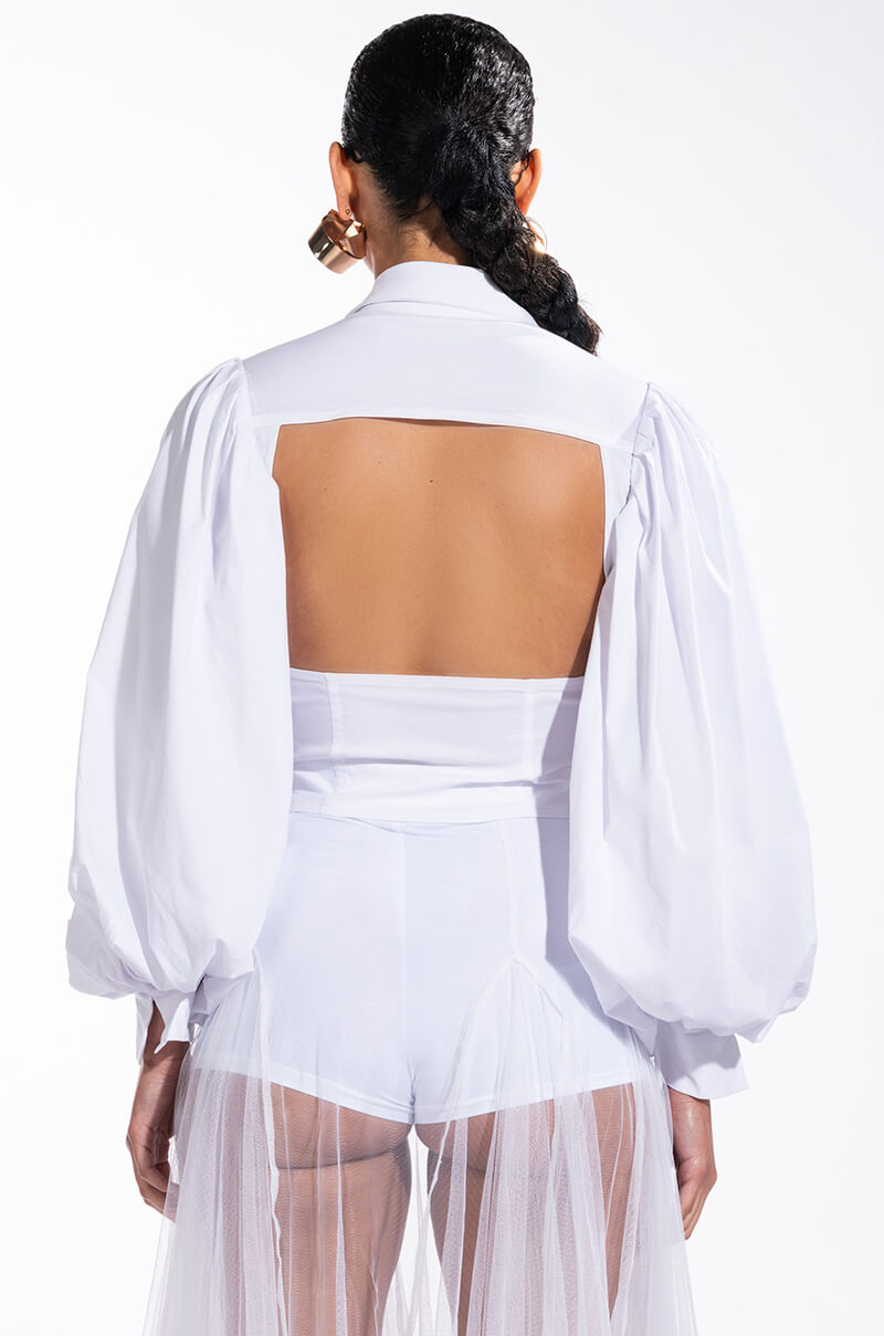 Extra View Cottage Chic Blouson Sleeve Button Down Blouse