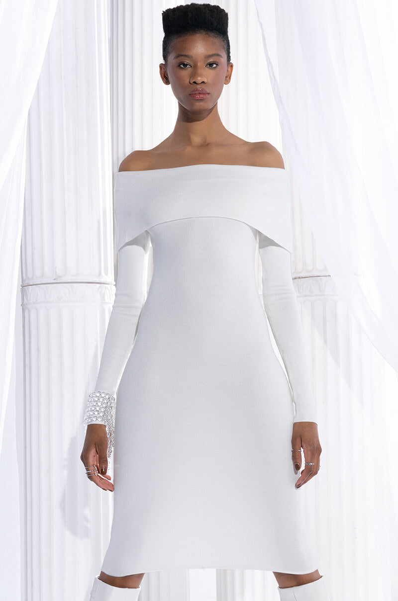 COZY AF PLUSH OFF THE SHOULDER MIDI SWEATER DRESS IVORY AKIRA COZY AF PLUSH OFF THE SHOULDER MIDI SWEATER DRESS IVORY AKIRA
