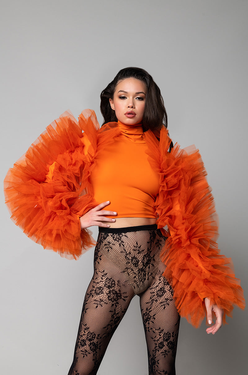 Daring Tulle Ruffle Long Sleeve Top in Orange
