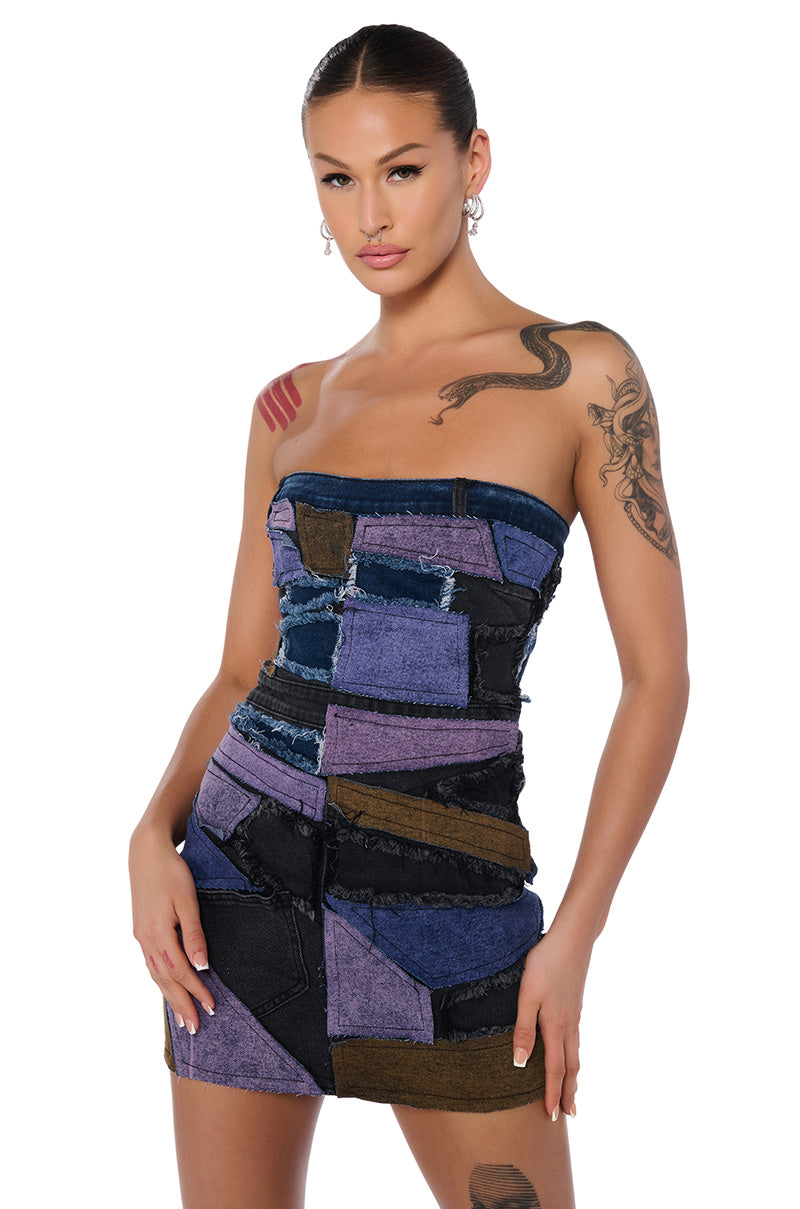 DENIM PATCHWORK MINI DRESS AKIRA DENIM PATCHWORK MINI DRESS AKIRA