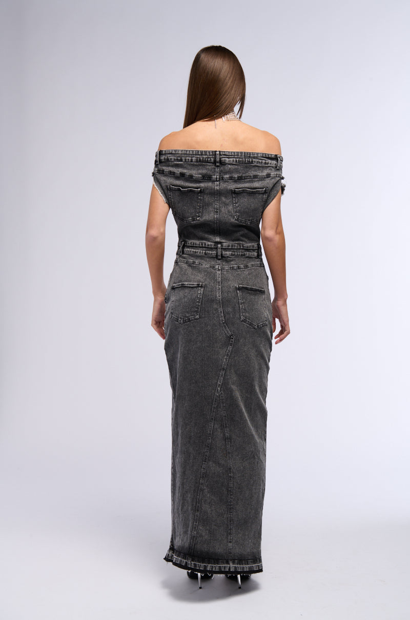 Extra View Derria Off The Shoulder Denim Maxi Dress