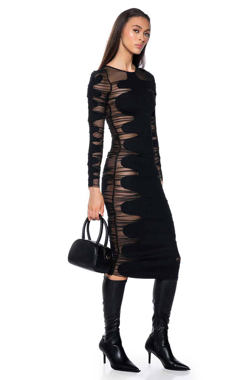DEVON DENIM AND MESH LONG SLEEVE MIDI DRESS AKIRA DEVON DENIM AND MESH LONG SLEEVE MIDI DRESS AKIRA